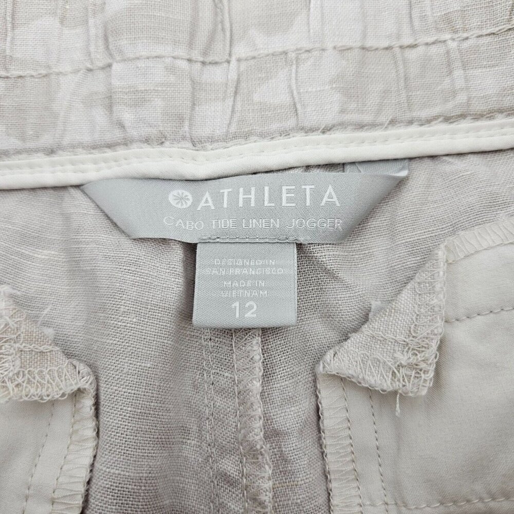 Athleta Cabo Tide Linen Jogger Camo Pants Beige Women's Size 12 Athleisure - Picture 4 of 12